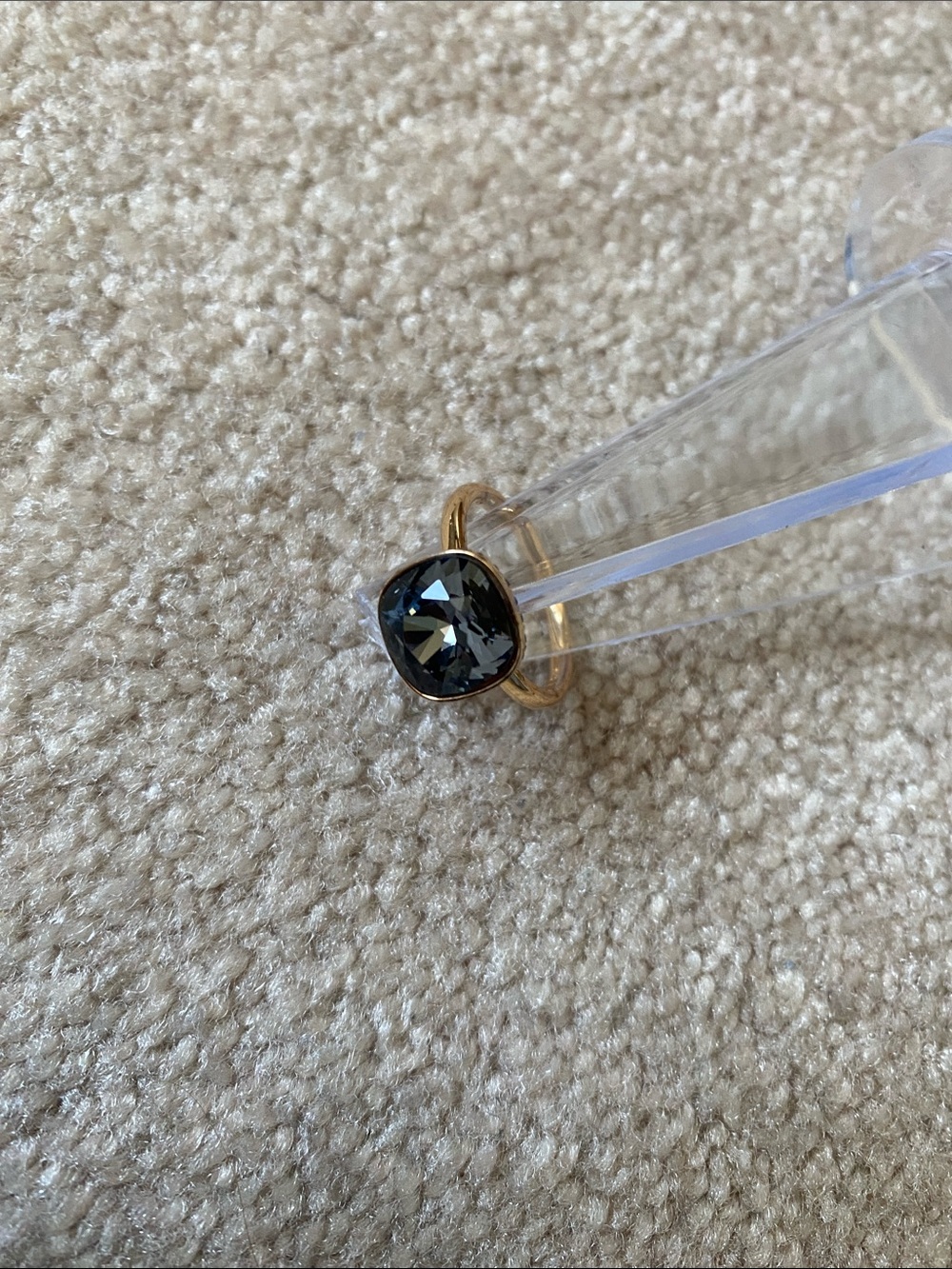 Swarovski Rose Gold Toned Ring with Dark Gray Cushion Crystal